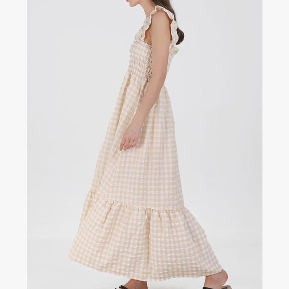 Ruffle Plaid Gingham Long Dress Shirred Stretchy Strap Flowy Retro Dress Beige - Picture 2 of 7